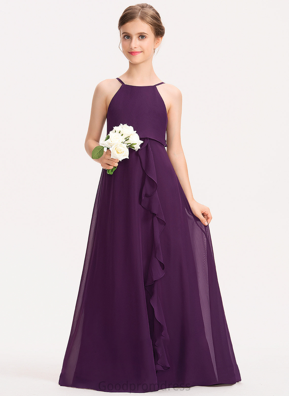 A-Line Cascading Chiffon Bow(s) Annika Scoop Ruffles Neck Junior Bridesmaid Dresses Floor-Length With