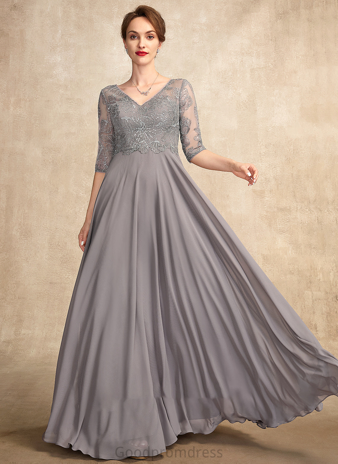 Lace Gloria Chiffon V-neck Bride of With Mother of the Bride Dresses Sequins the A-Line Floor-Length Dress Mother