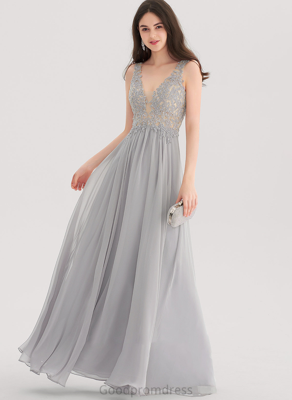 A-Line With Floor-Length Bailey Beading Sequins Chiffon Prom Dresses V-neck