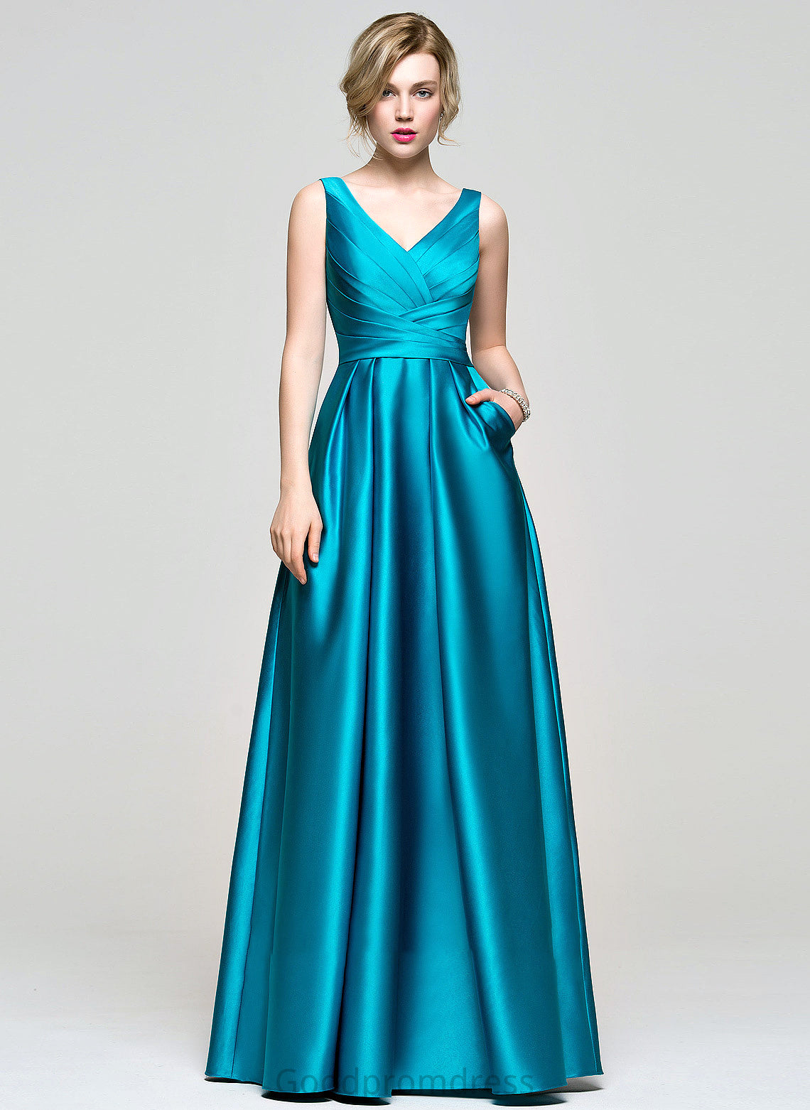 Ball-Gown/Princess Prom Dresses With V-neck Chelsea Satin Ruffle Pockets Floor-Length