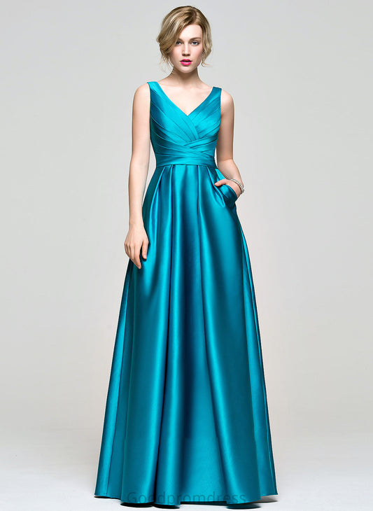 Ball-Gown/Princess Prom Dresses With V-neck Chelsea Satin Ruffle Pockets Floor-Length