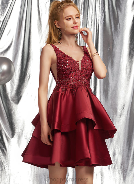 Satin Sequins Homecoming With Dress A-Line Beading V-neck Hailey Homecoming Dresses Short/Mini Lace