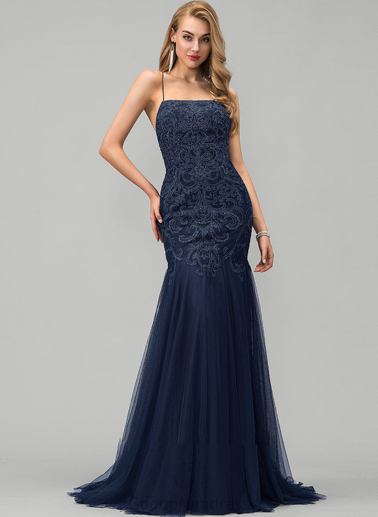 Square Liberty Sweep Tulle Prom Dresses With Sequins Trumpet/Mermaid Lace Neckline Train