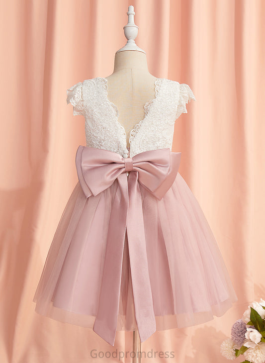 Short Neck Blanche Flower With Knee-length Dress Flower Girl Dresses - A-Line Tulle Sleeves Scoop Lace/Bow(s) Girl