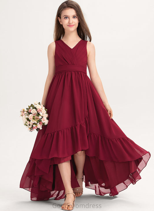 Asymmetrical Junior Bridesmaid Dresses Willa V-neck Ruffles Chiffon Cascading With Bow(s) A-Line