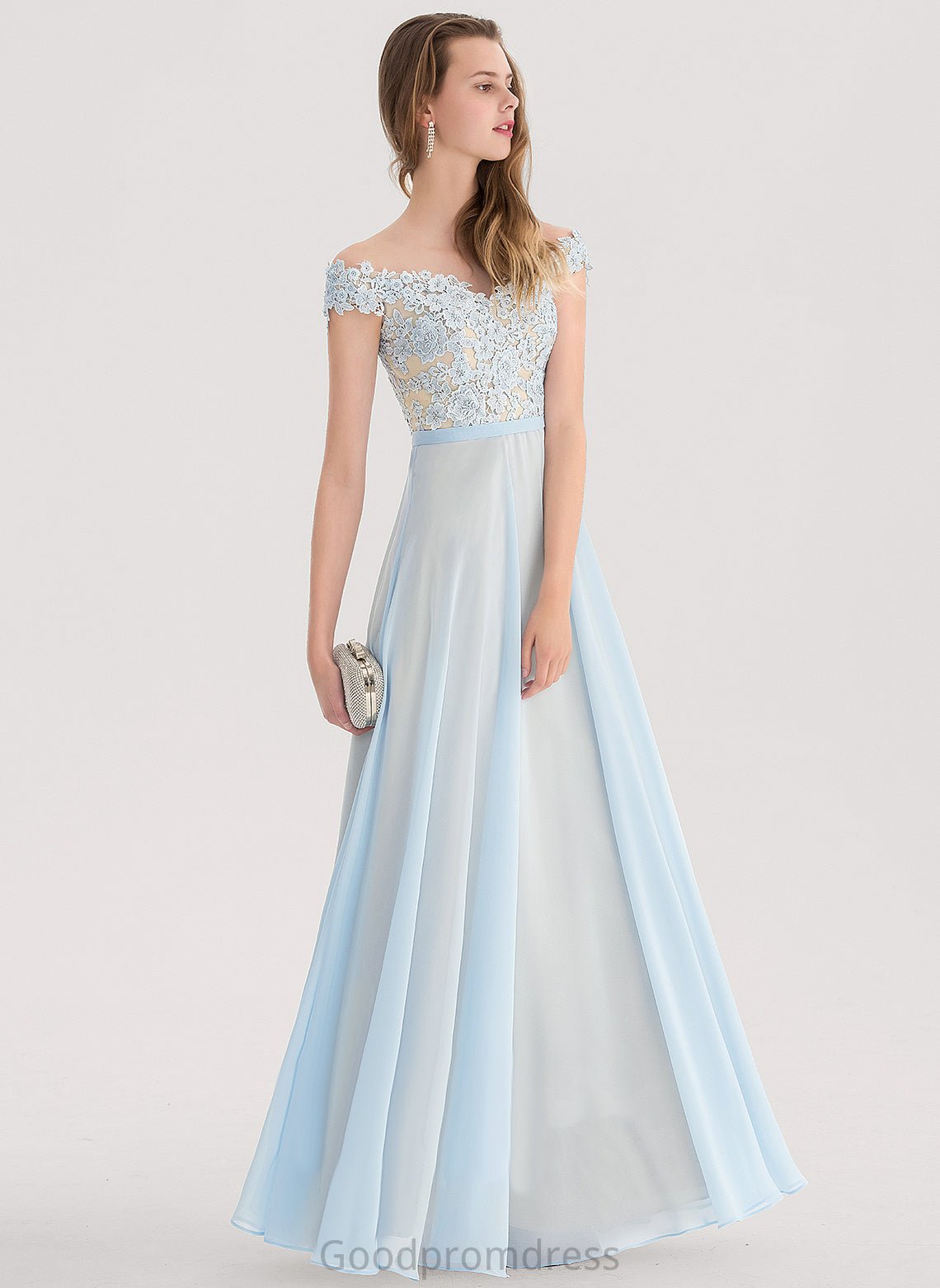 With Annabella Chiffon Off-the-Shoulder A-Line Floor-Length Sequins Prom Dresses Beading Lace