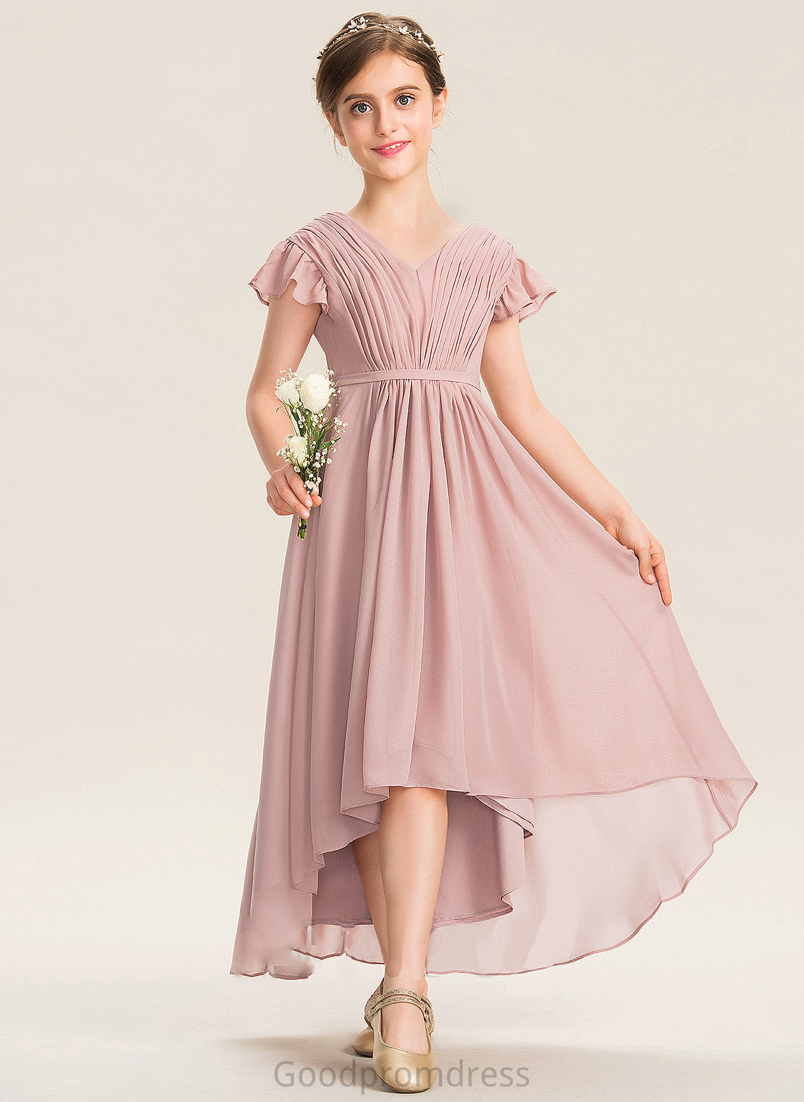 Chiffon V-neck Cascading Asymmetrical A-Line Bow(s) Junior Bridesmaid Dresses Ruffles Kendra With