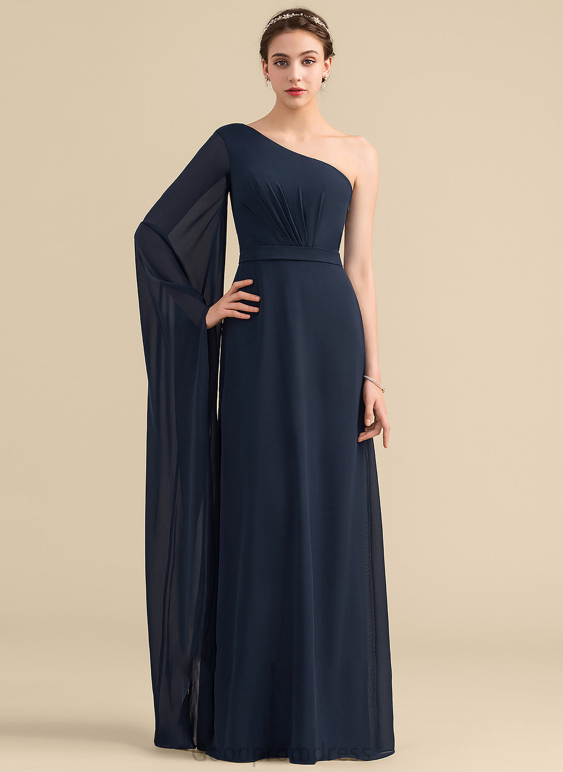 Length A-Line Fabric Embellishment Neckline Ruffle One-Shoulder Floor-Length Silhouette Skyler Sleeveless Empire Waist Bridesmaid Dresses