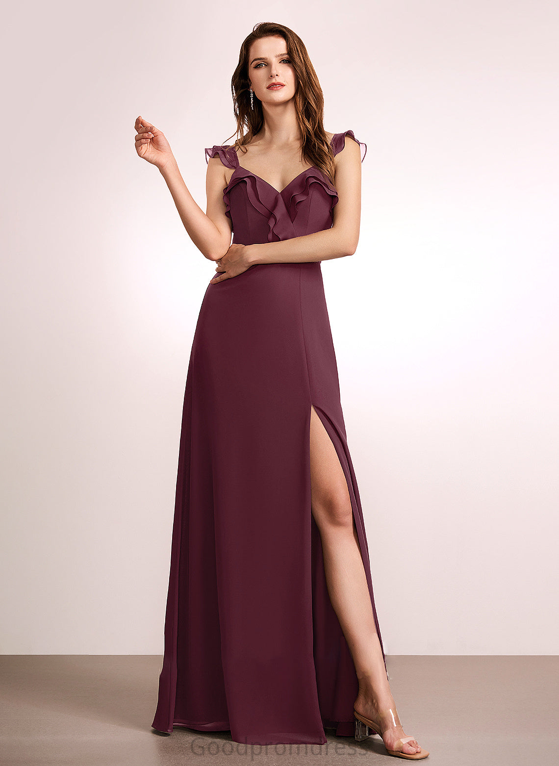 Neckline SplitFront A-Line Embellishment V-neck Floor-Length Silhouette Fabric Length Aleah Empire Waist V-Neck Bridesmaid Dresses