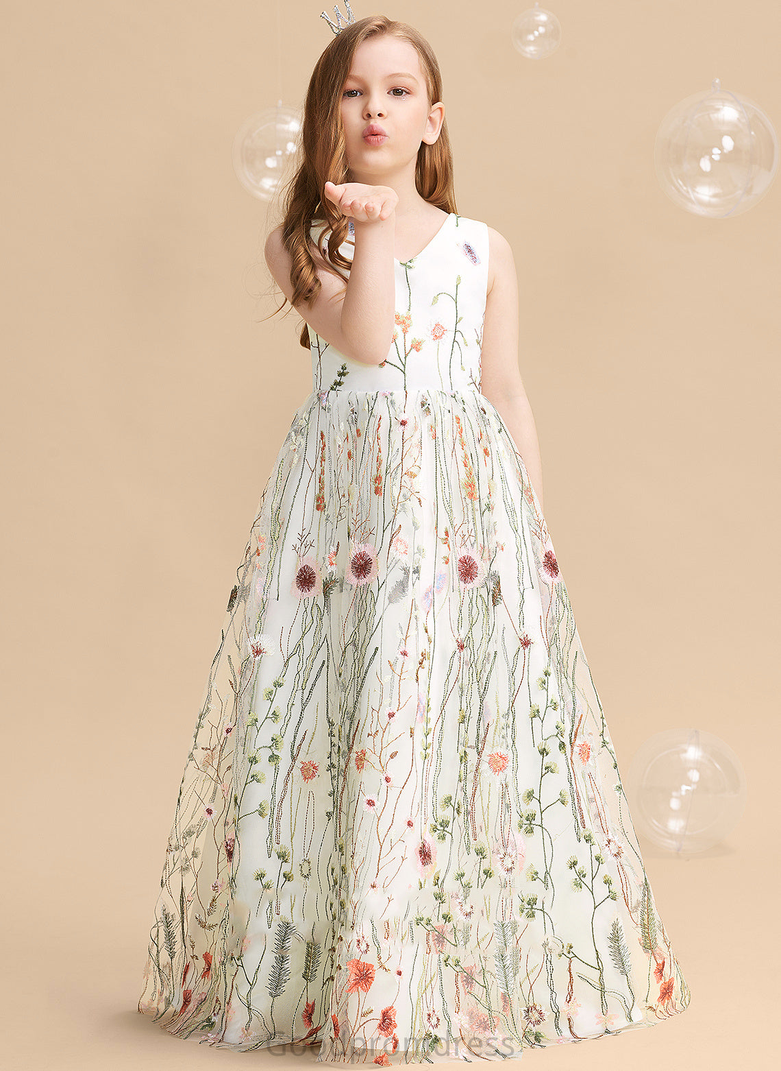 A-Line Dress Flower Girl Dresses With Flower(s)/Bow(s) - Girl Sleeveless Floor-length V-neck Denise Jacquard Flower