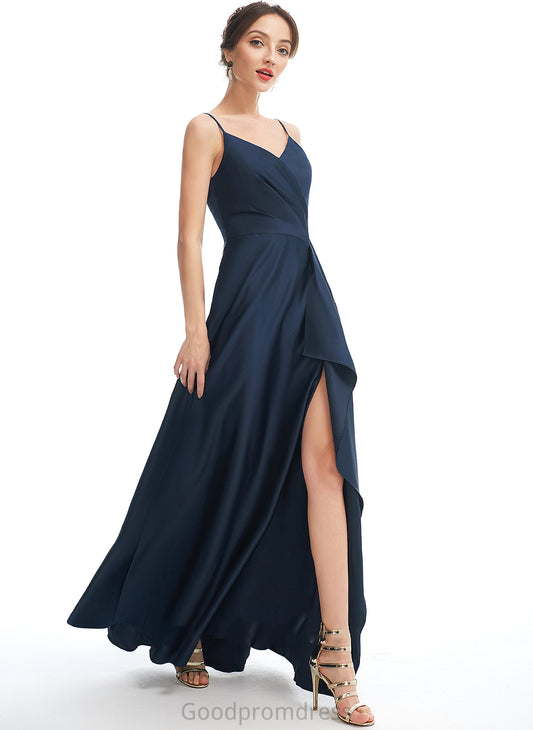 Floor-Length V-neck Fabric Silhouette Length A-Line SplitFront Pockets Embellishment Neckline Aliza A-Line/Princess Bridesmaid Dresses