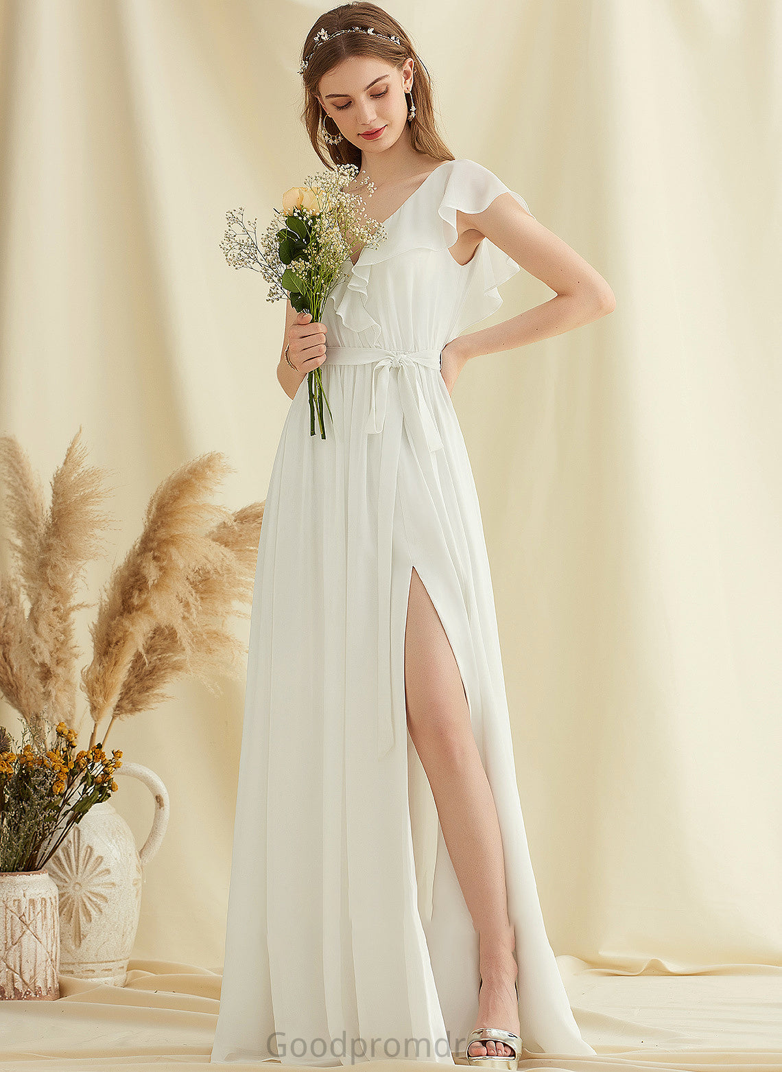 Ruffles Wedding Miah Cascading V-neck Chiffon Dress Front Split A-Line With Wedding Dresses Floor-Length