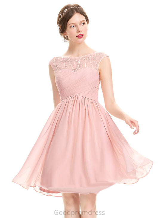 Neck Sequins Prom Dresses Mariam Ruffle With Beading Lace Scoop A-Line Chiffon Knee-Length