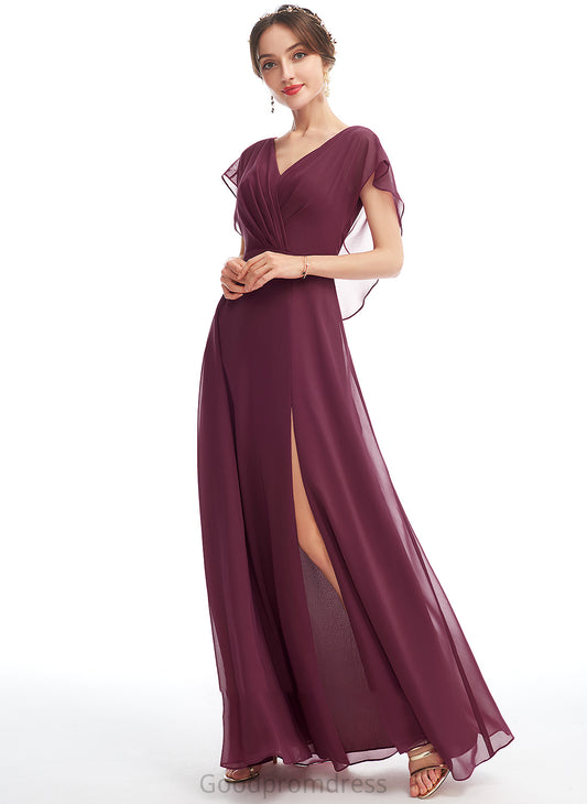 Fabric Floor-Length Embellishment Ruffle SplitFront Silhouette A-Line Neckline Length V-neck Jaycee Sleeveless Bridesmaid Dresses