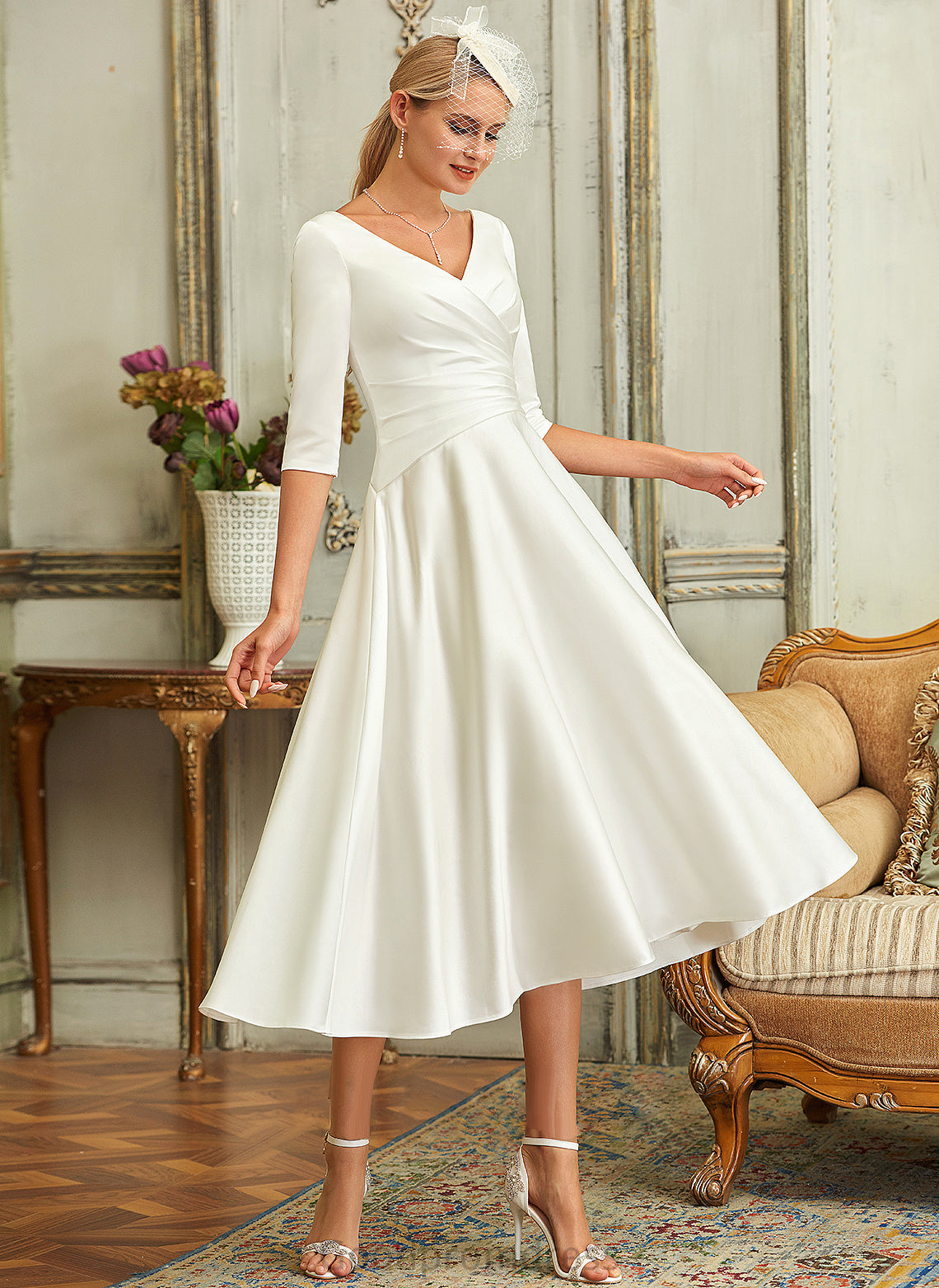 Wedding A-Line Tea-Length Satin Wedding Dresses Dress Rose V-neck