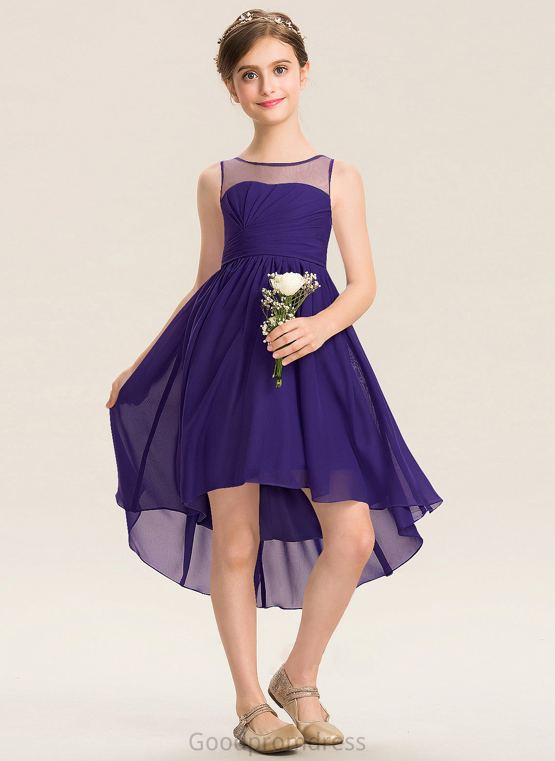 Scoop Ruffle A-Line Skye Chiffon Neck With Asymmetrical Junior Bridesmaid Dresses