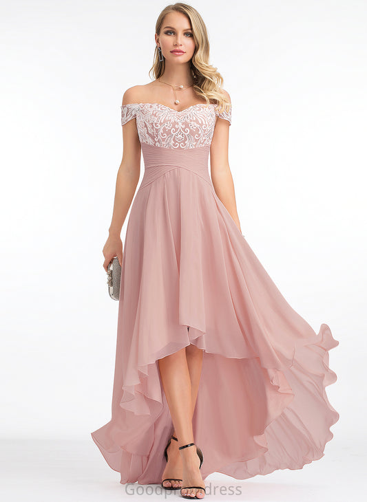 Sahna Off-the-Shoulder Pleated Prom Dresses Lace A-Line Chiffon With Asymmetrical