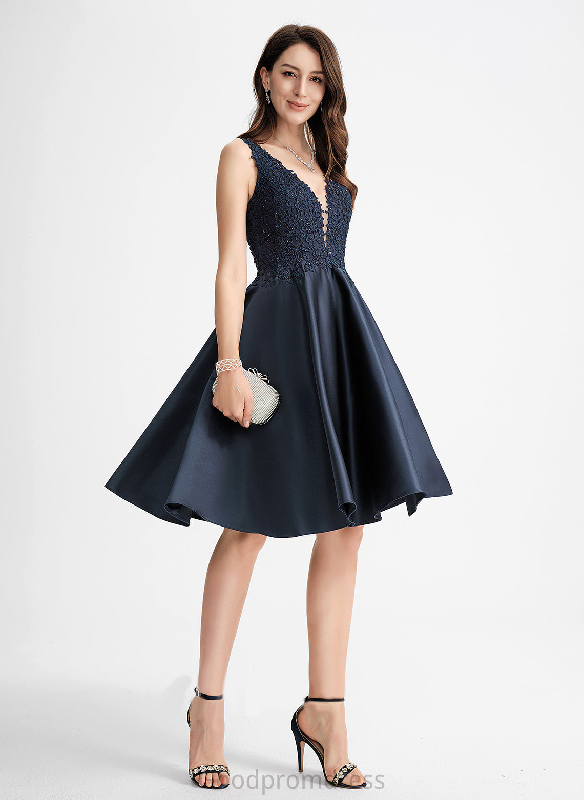 V-neck A-Line Lace Homecoming Beading Knee-Length With Satin Homecoming Dresses Alejandra Dress