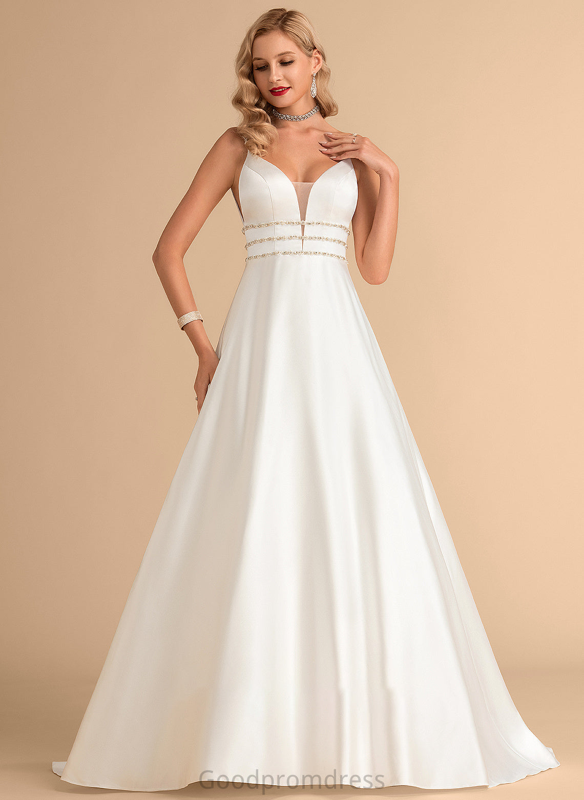 Satin Ball-Gown/Princess Dress Beading Wedding Dresses V-neck Sweep Lara With Wedding Train