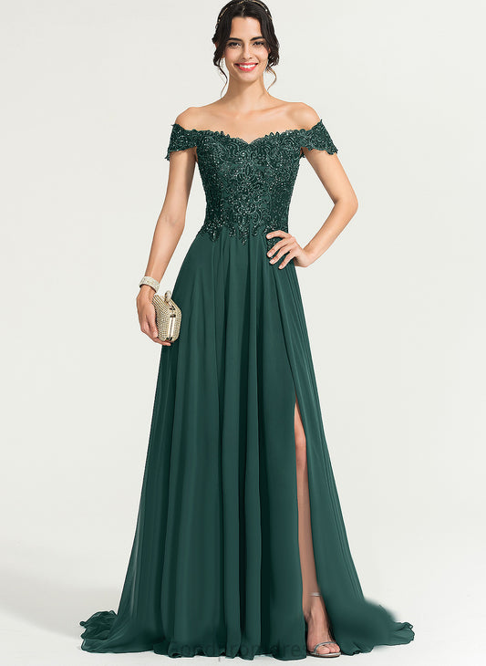 Sequins Chiffon Lace With Prom Dresses Off-the-Shoulder A-Line Train Setlla Sweep