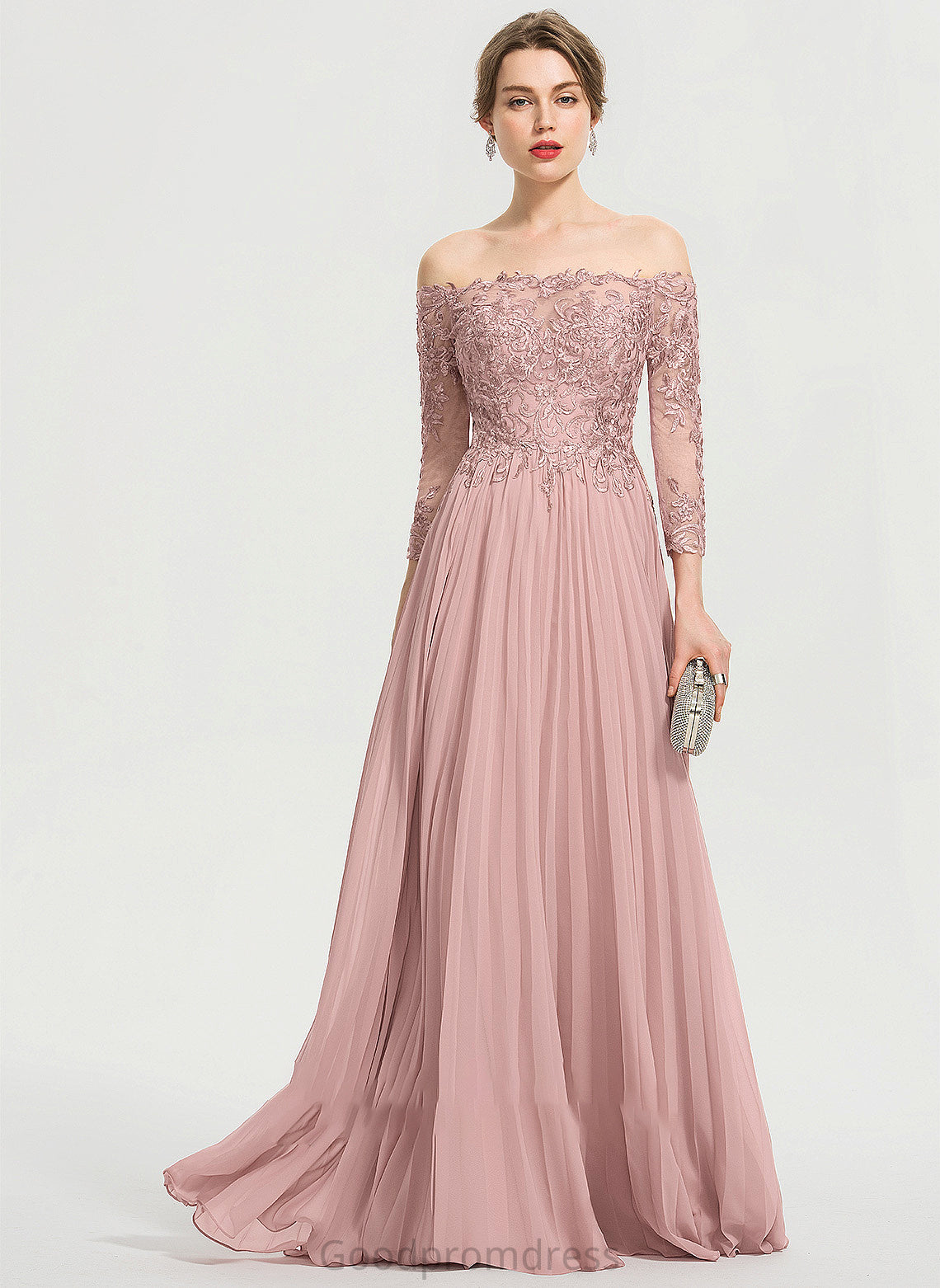 Sequins Pleated Floor-Length Prom Dresses Off-the-Shoulder Ball-Gown/Princess With Maggie Chiffon