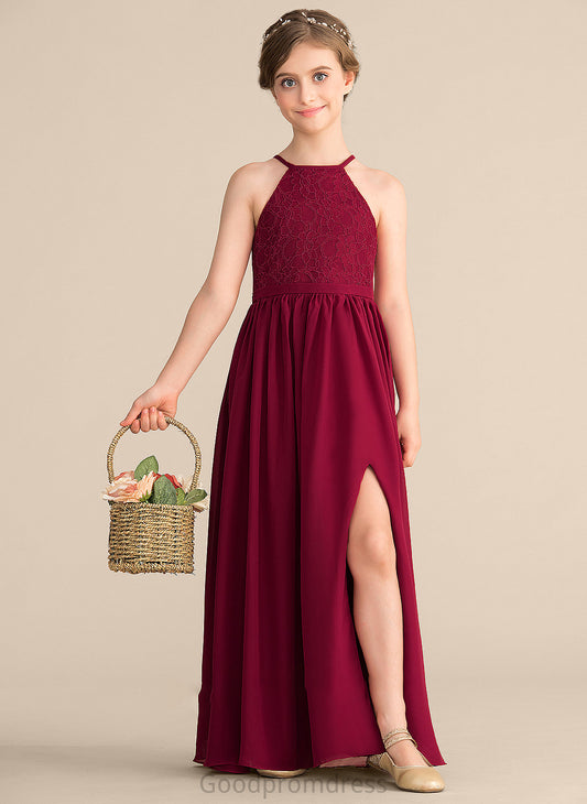 A-Line Front With Junior Bridesmaid Dresses Alexus Scoop Lace Split Neck Floor-Length Chiffon