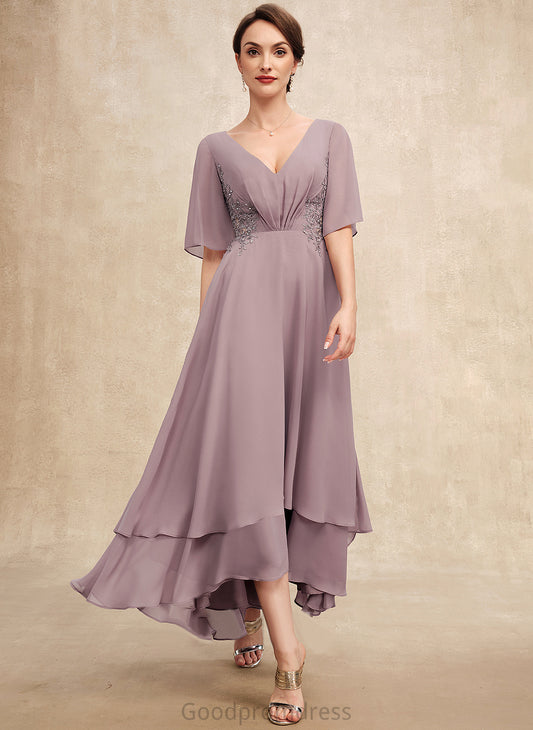 V-neck Mother Dress Asymmetrical Hanna Ruffle Lace Bride Beading the Mother of the Bride Dresses With of A-Line Chiffon