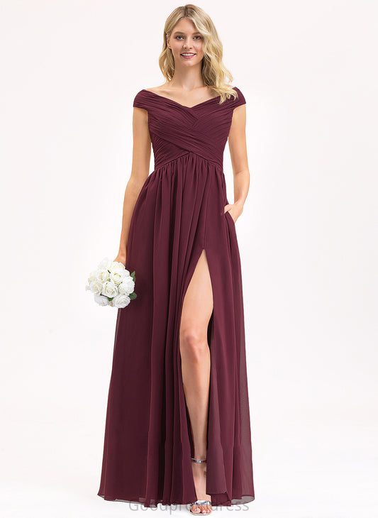 Floor-Length SplitFront Neckline Length Off-the-Shoulder Silhouette Fabric Ruffle Embellishment A-Line Pockets Mara Bridesmaid Dresses