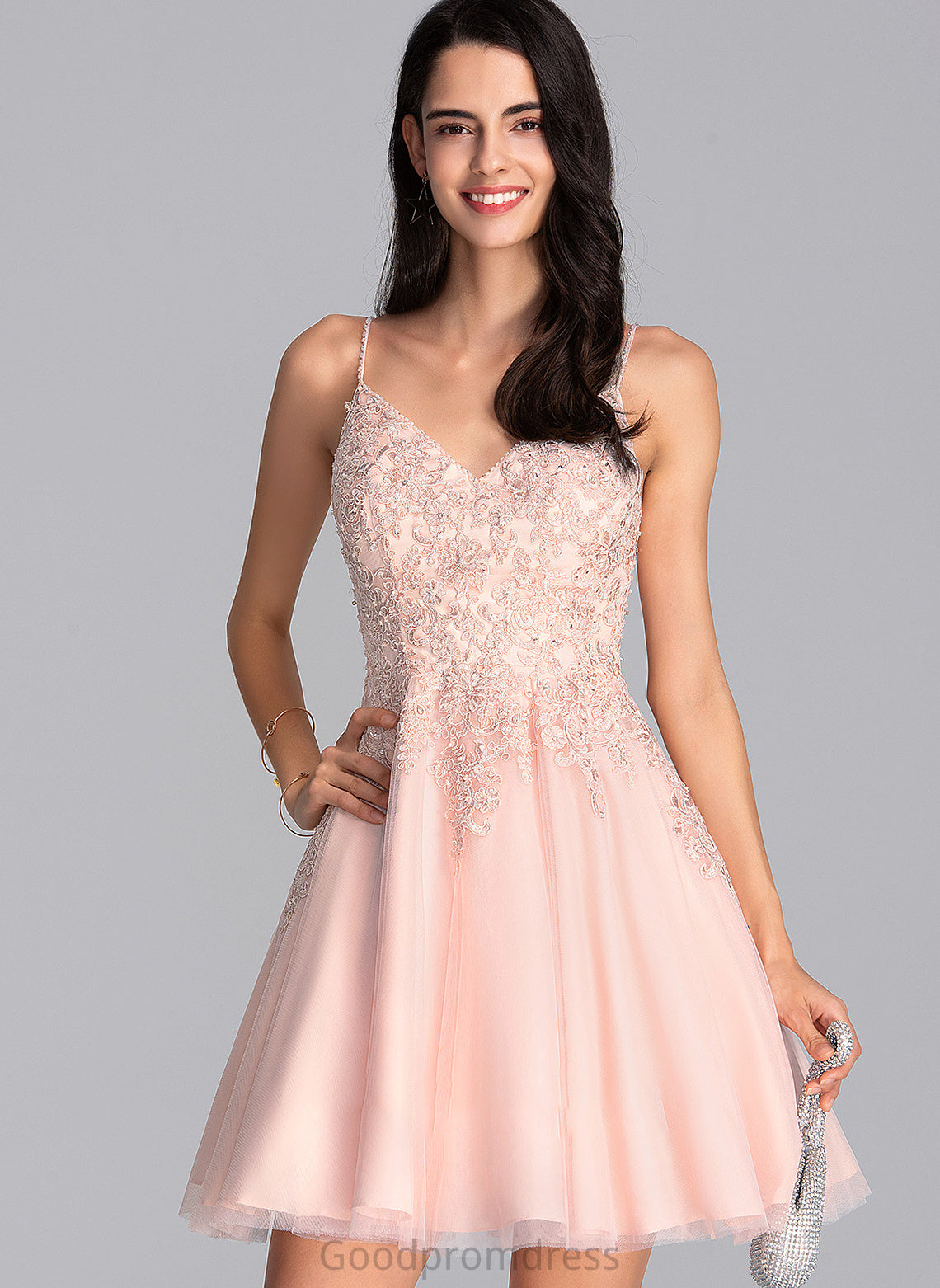 Sequins Tulle A-Line With Short/Mini Beading V-neck Cristal Prom Dresses