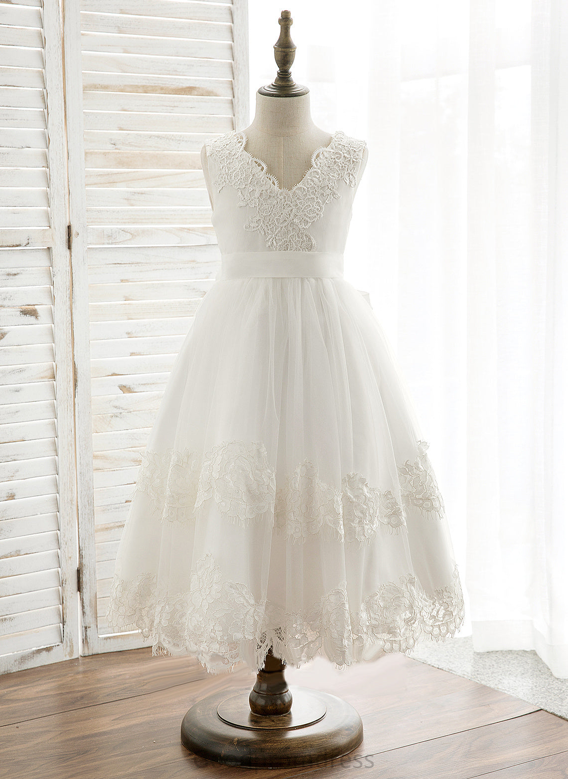 A-Line V-neck Back Girl Dress Sleeveless Tulle/Lace Tea-length With Eve Flower - Flower Girl Dresses Bow(s)/V