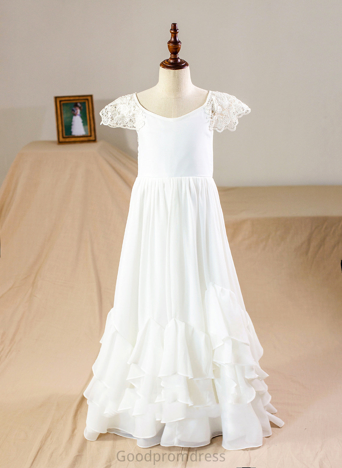 A-Line Neck Lace Floor-length Sleeves Dress With Flower Girl Dresses Flower Girl Chiffon Ciara Short - Scoop