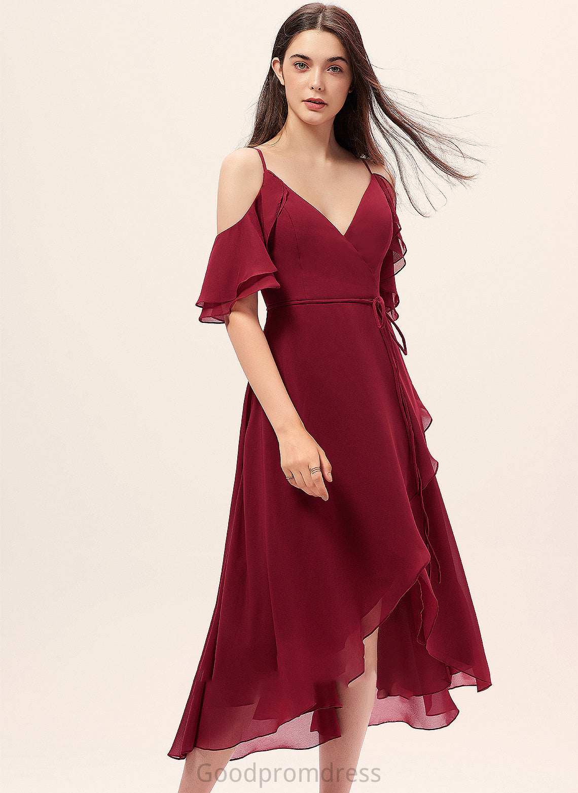 Neckline Embellishment Silhouette Length CascadingRuffles V-neck A-Line Fabric Asymmetrical Cloe Tulle Half Sleeves Bridesmaid Dresses