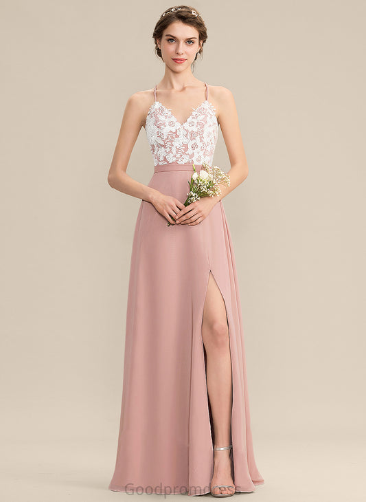 A-Line Alexandria Floor-Length Chiffon Prom Dresses Lace Split With V-neck Front