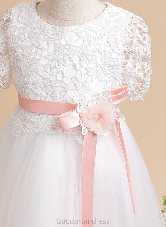 Sash/Flower(s) Melissa A-Line Tulle/Lace Knee-length - Short Neck Scoop Girl Flower Girl Dresses With Flower Dress Sleeves