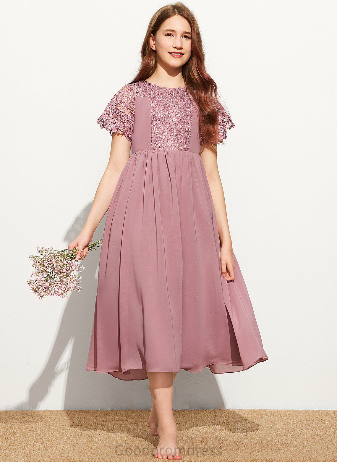 Junior Bridesmaid Dresses A-Line Maryjane Tea-Length Scoop Neck Chiffon Lace