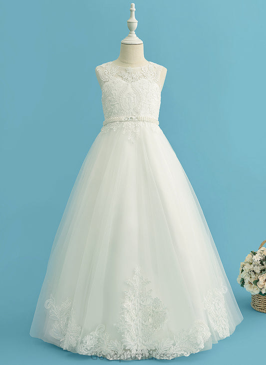 Ball-Gown/Princess Girl Scoop Angelina Neck Beading Dress - Floor-length Flower Girl Dresses Flower Sleeveless With Tulle/Lace