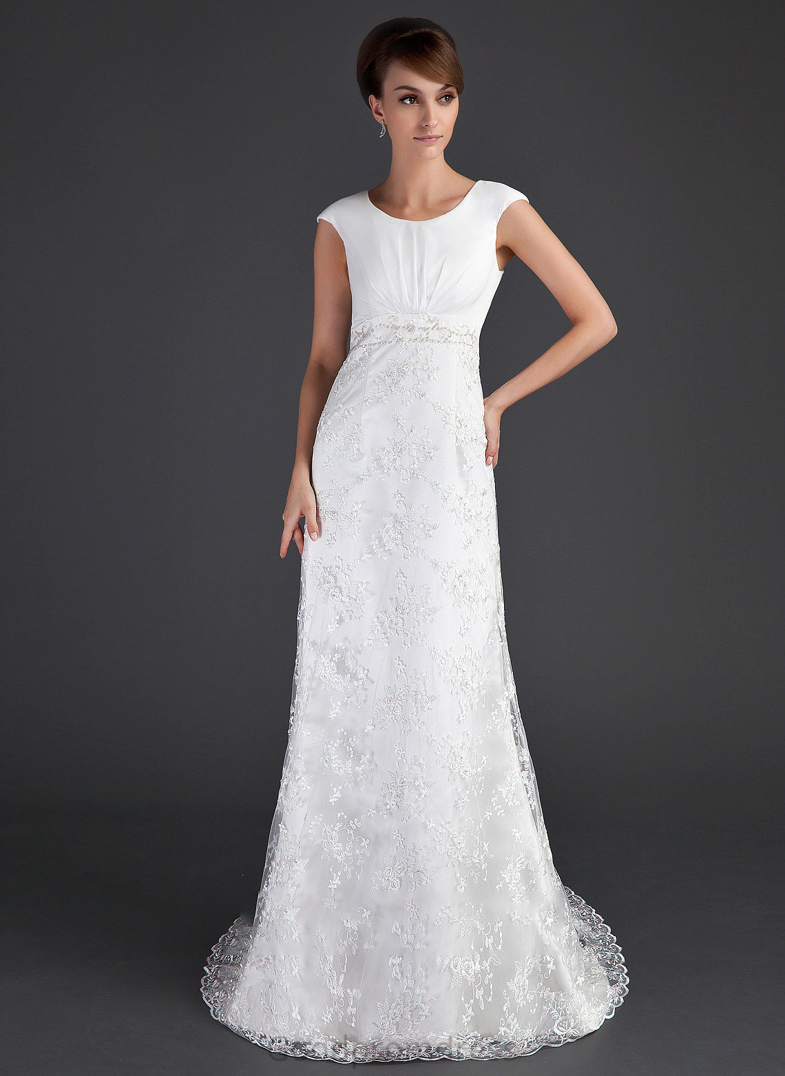 Scoop With Shania Lace Neck Train Beading Wedding Sheath/Column Ruffle Dress Wedding Dresses Court