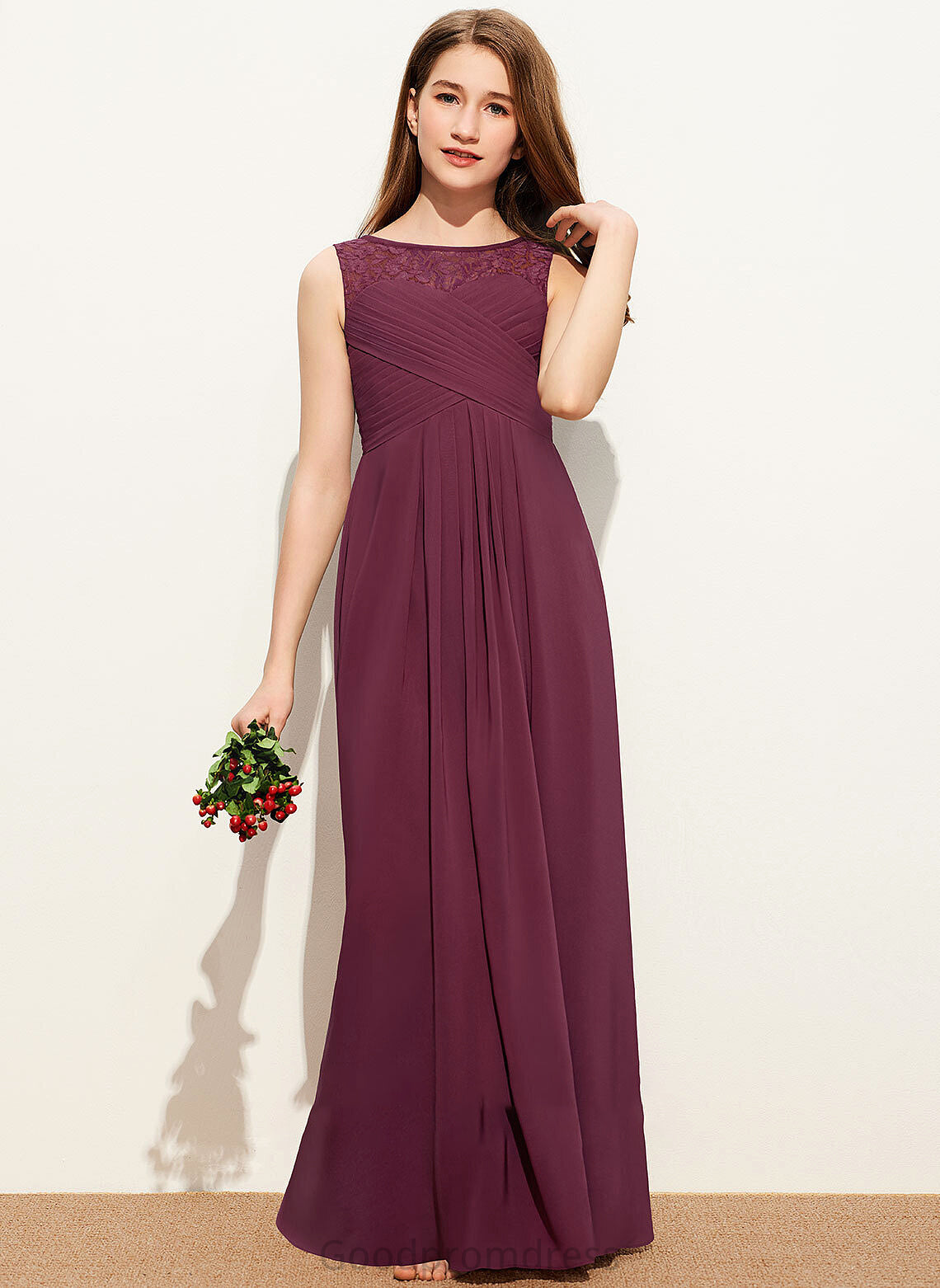 Chiffon With Lace Junior Bridesmaid Dresses Ruffle Jadyn Bow(s) Scoop Floor-Length A-Line Neck