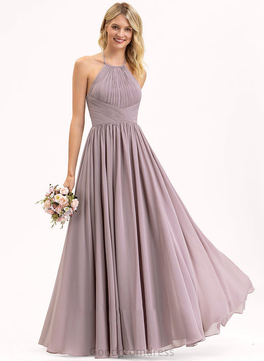 Empire Halter Floor-Length Embellishment Ruffle Fabric Length Neckline Silhouette Bow(s) Nia V-Neck Bridesmaid Dresses