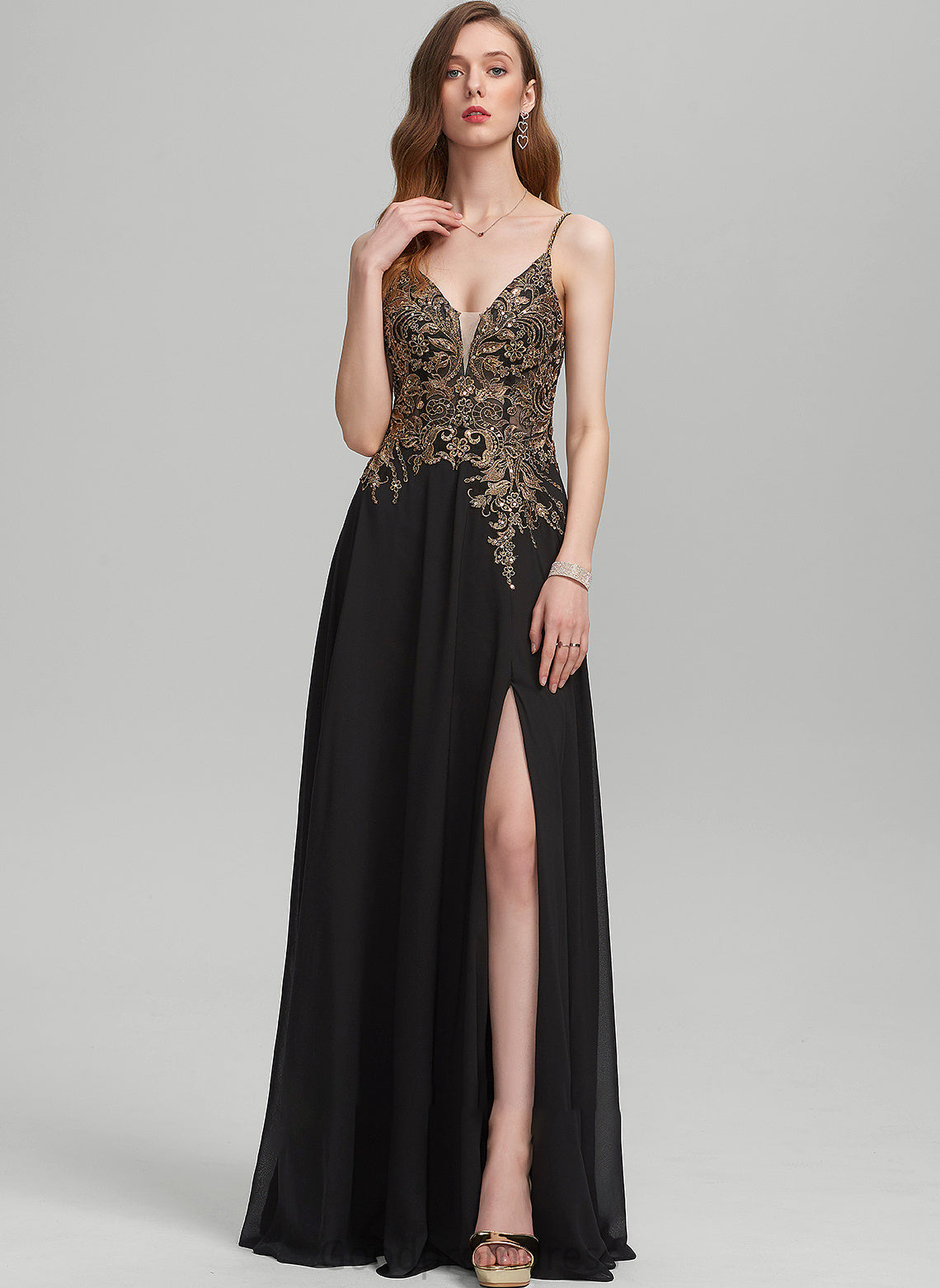 Prom Dresses Front Split With Chiffon V-neck Sequins Lace A-Line Floor-Length Brooke