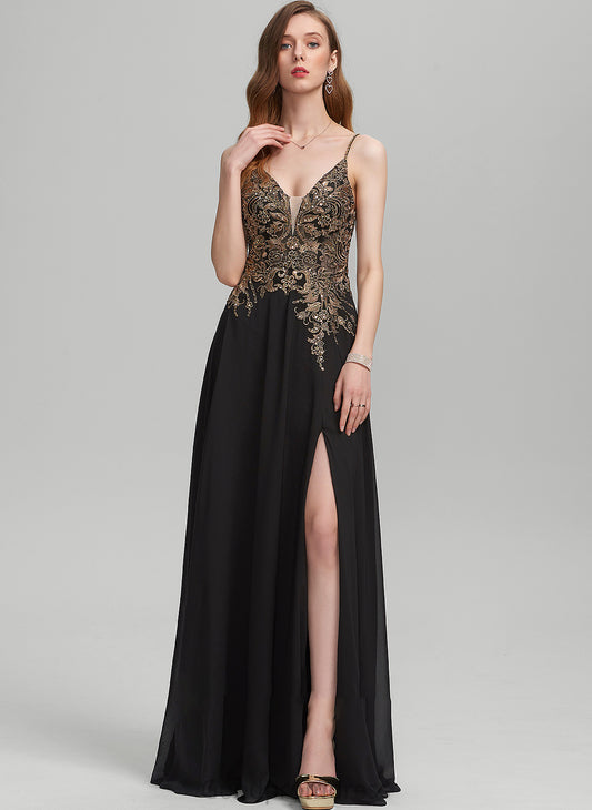 Prom Dresses Front Split With Chiffon V-neck Sequins Lace A-Line Floor-Length Brooke