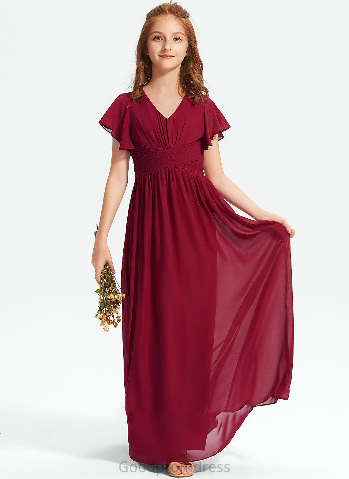 Floor-Length Chiffon Junior Bridesmaid Dresses A-Line With V-neck Ruffle Cheryl