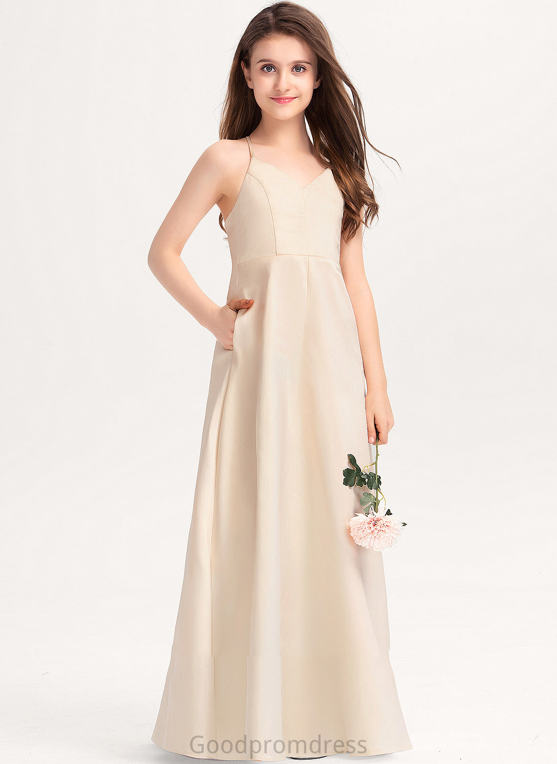 Satin V-neck A-Line Floor-Length Carleigh With Junior Bridesmaid Dresses Pockets