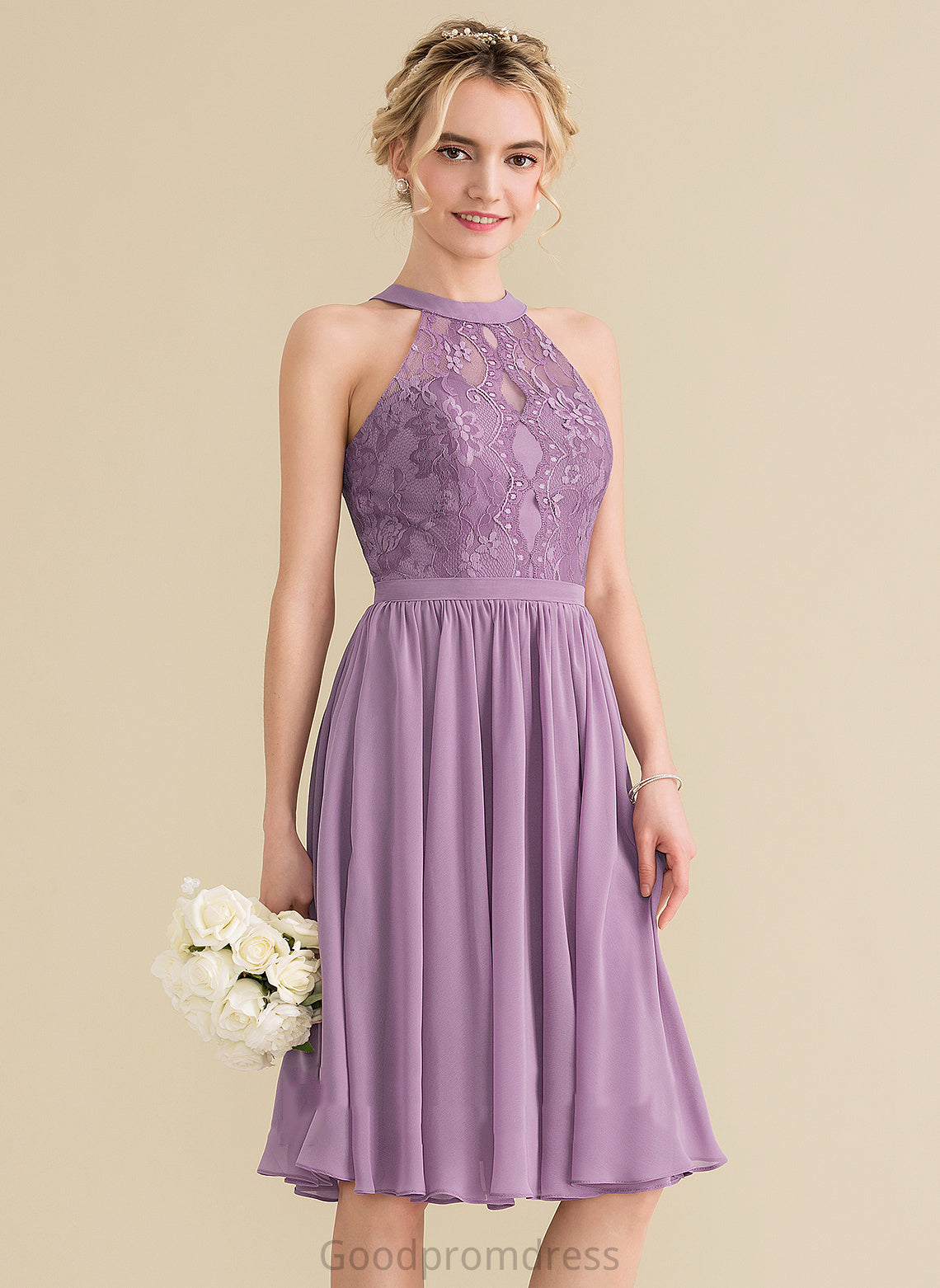 Scoop Chiffon Knee-Length Homecoming Dress Lace Homecoming Dresses A-Line Lace Neck With Ada