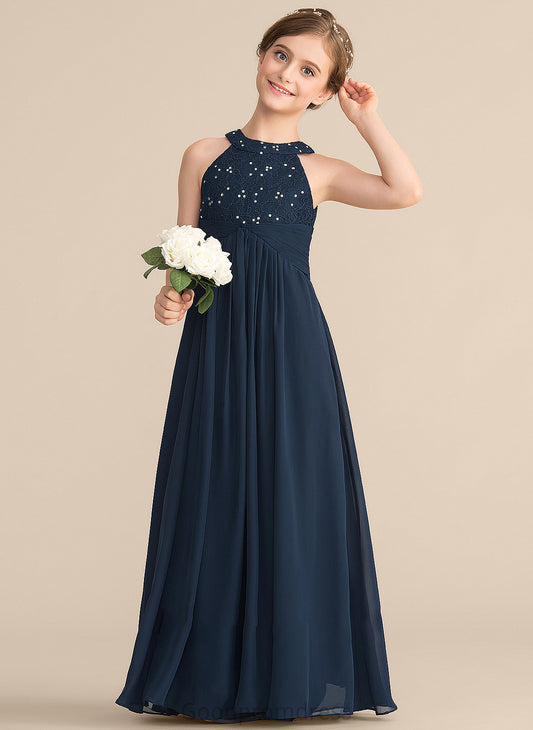 Scoop Neck Beading A-Line Chiffon Lesley Floor-Length With Lace Ruffle Junior Bridesmaid Dresses