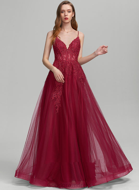 Millie Lace Sequins Floor-Length With V-neck Beading Ball-Gown/Princess Prom Dresses Tulle