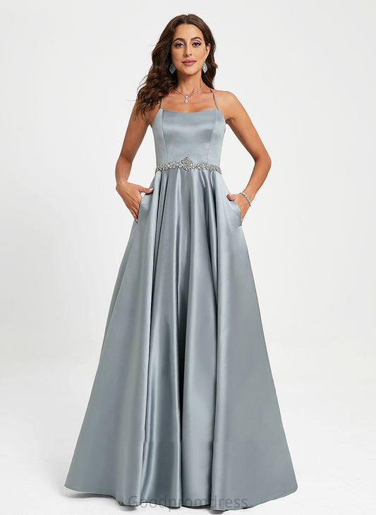 A-Line Satin With Scoop Neck Prom Dresses Floor-Length Cristina Beading