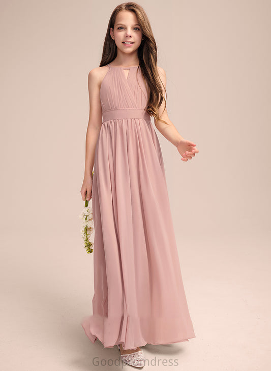 Junior Bridesmaid Dresses Chiffon Bow(s) Ruffle Scoop Floor-Length With Neck Mariam A-Line