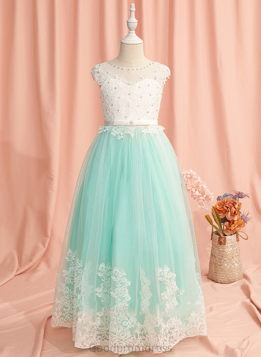 Dress Tulle With Ball-Gown/Princess Flower Lace/Beading/Bow(s)/V Back Neck Girl Katie - Floor-length Scoop Flower Girl Dresses Sleeveless