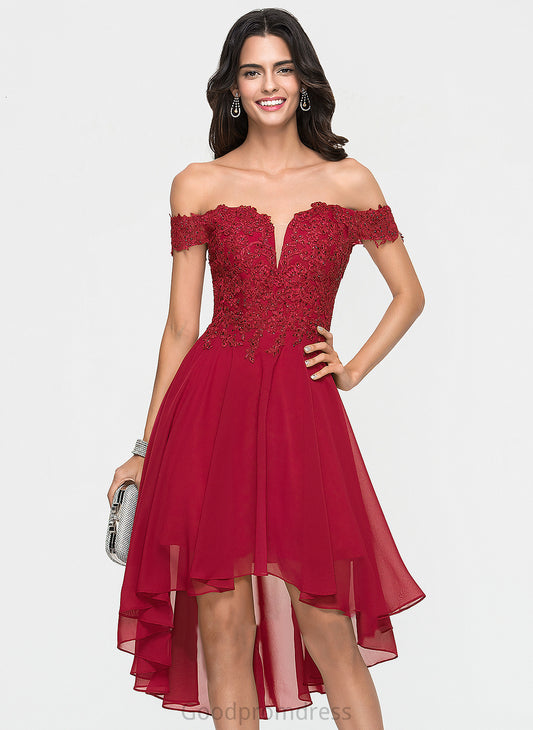 Homecoming Dresses Jaelynn Asymmetrical Chiffon Off-the-Shoulder A-Line Lace With Homecoming Beading Dress